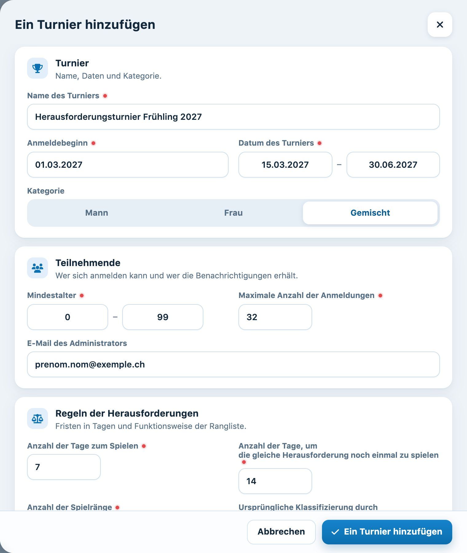 Bereich Ein Turnier hinzufügen, Karten Turnier und Teilnehmende