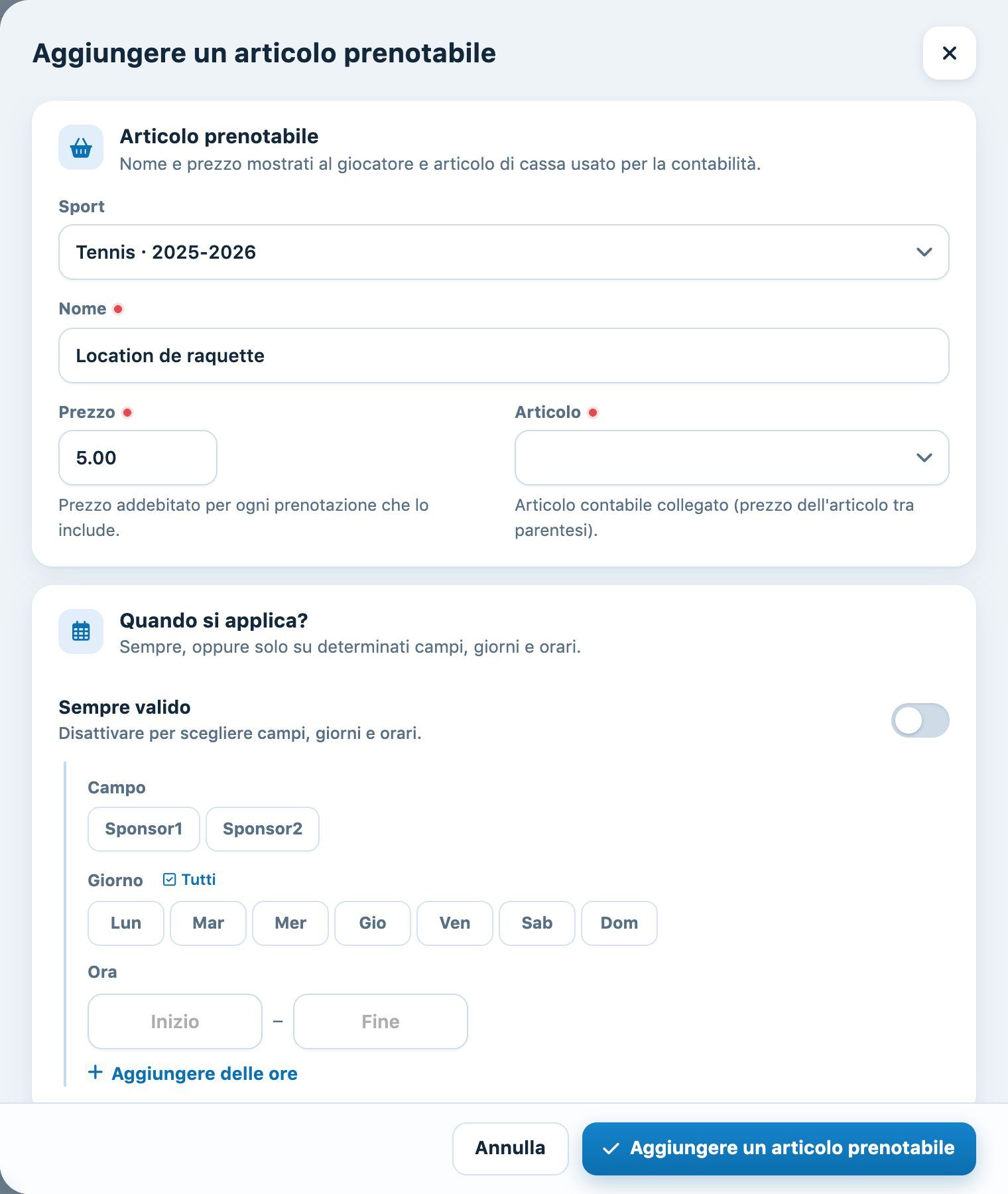 Pannello «Aggiungere un articolo prenotabile»
