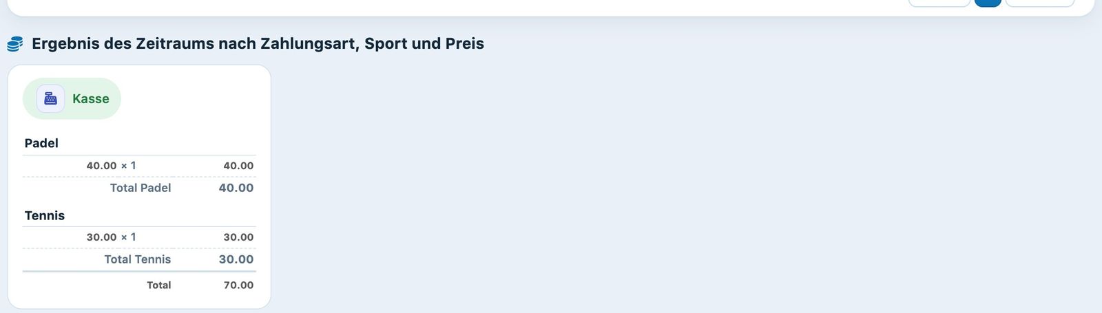 Ergebnis des Zeitraums nach Zahlungsart, Sport und Preis