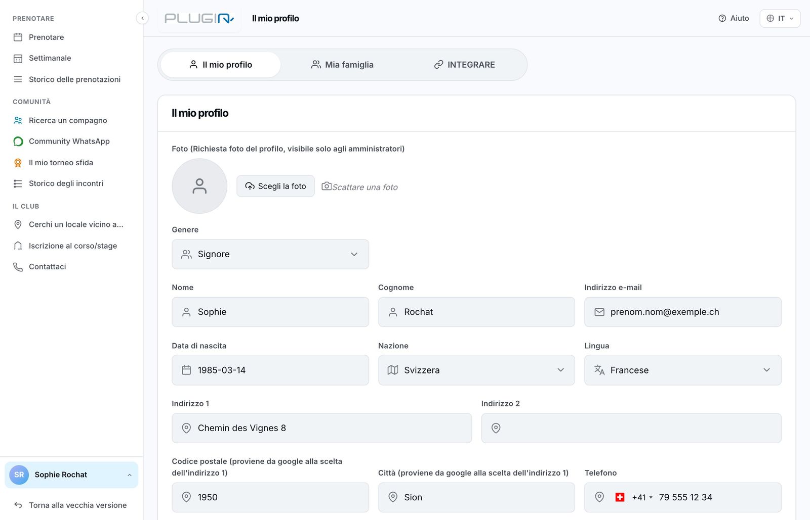 La pagina Il mio profilo, da controllare al primo accesso